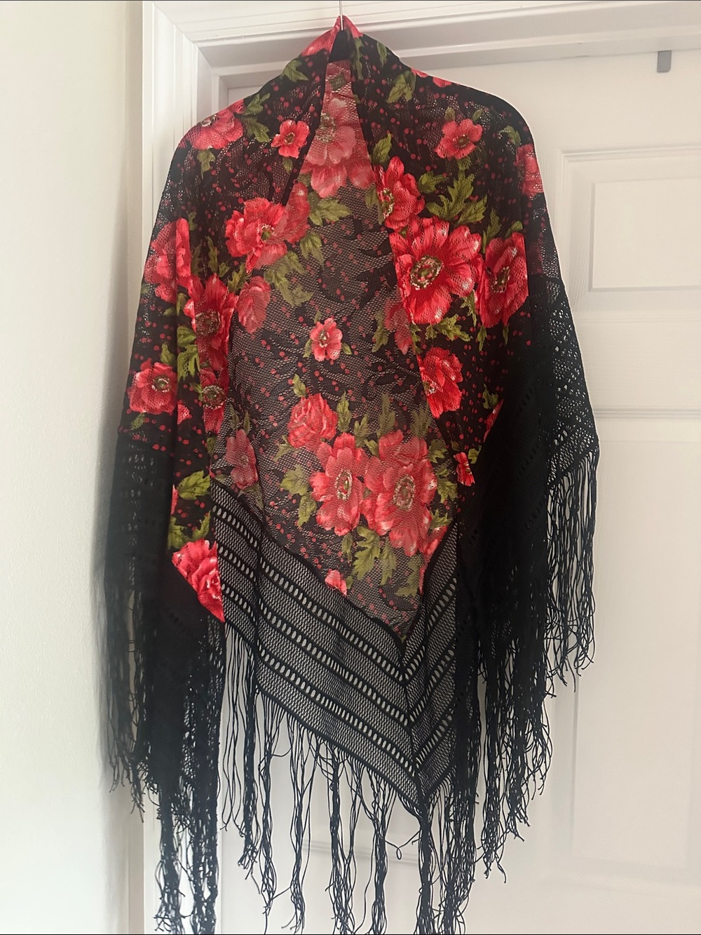 Floral Black Fringe Shawl Scarf - Red Rose Pattern